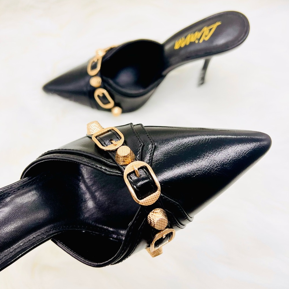 Liliana Black Heels with Gold Accents